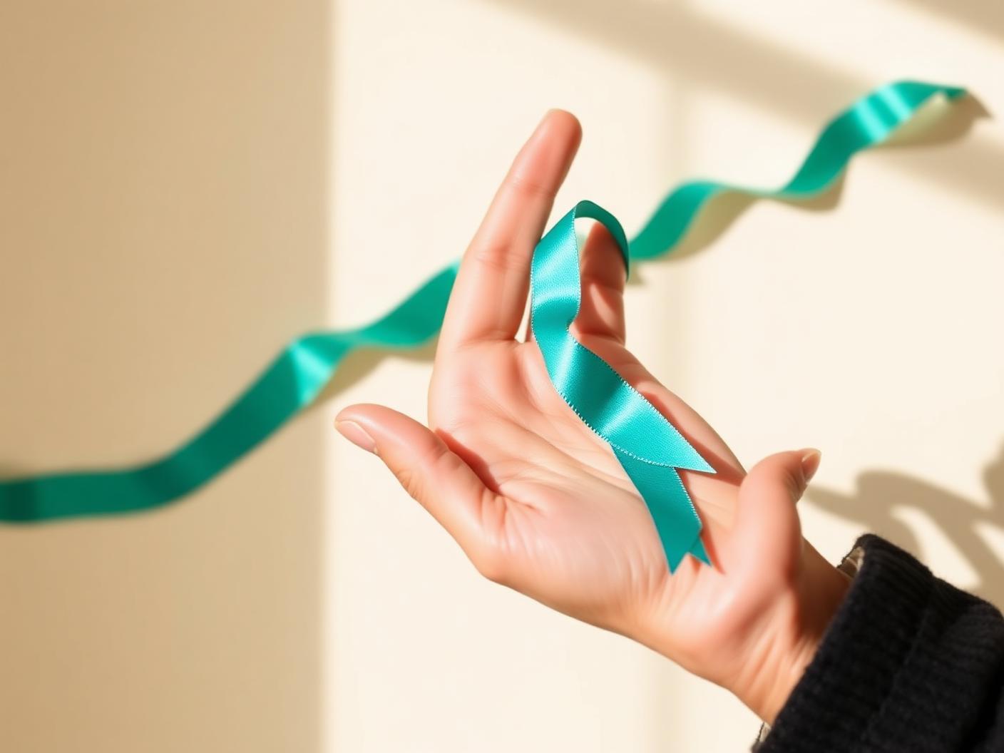 An open hand holding a teal ribbon