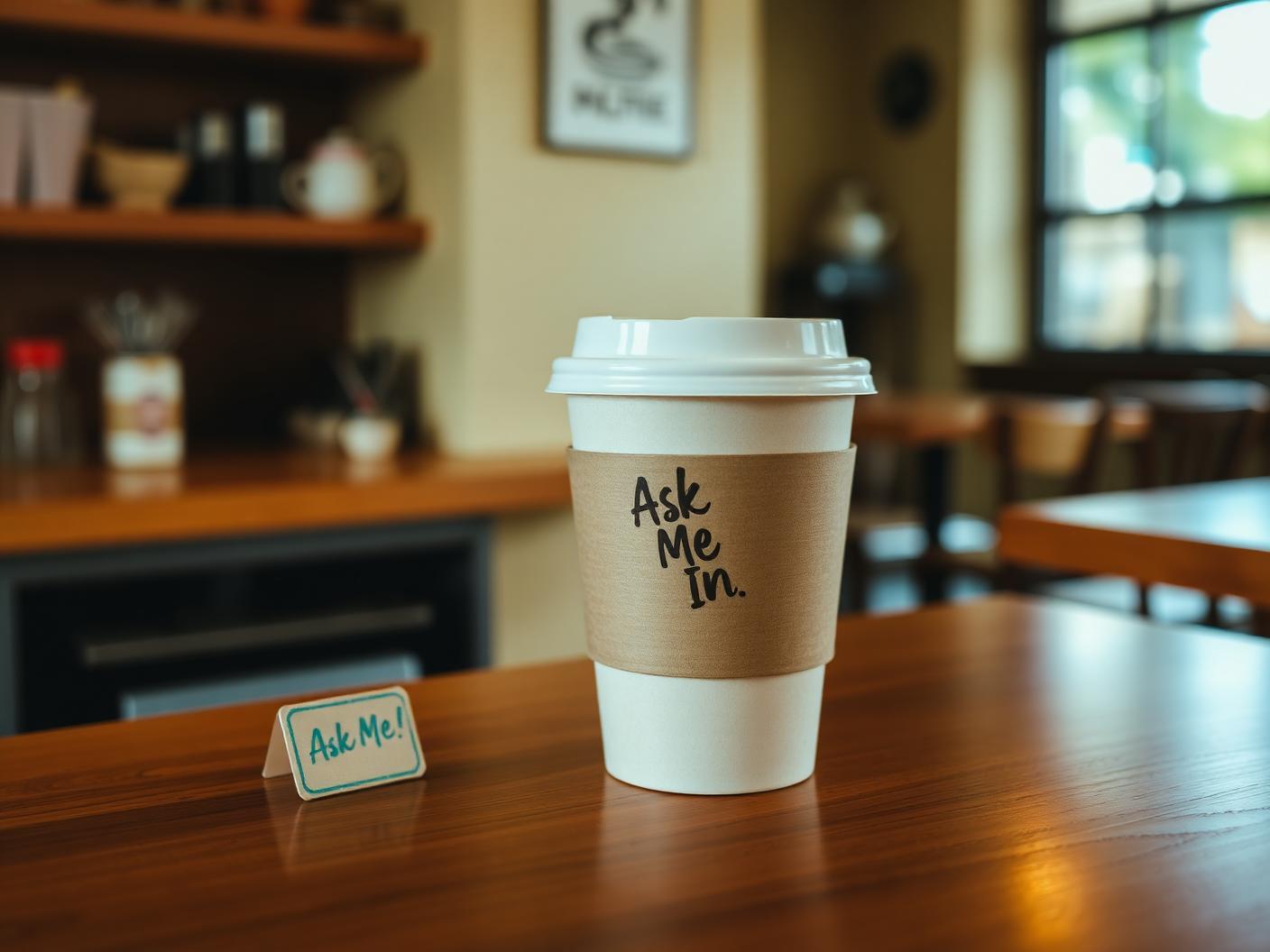 A coffee cup on a café counter with a small teal Ask Me In stamp