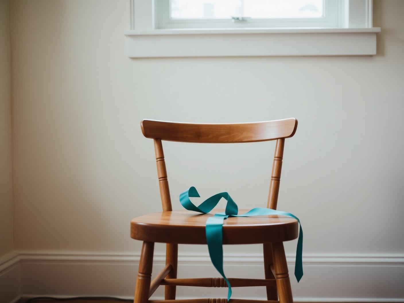 A wooden chair in soft light with a teal ribbon laid across the seat