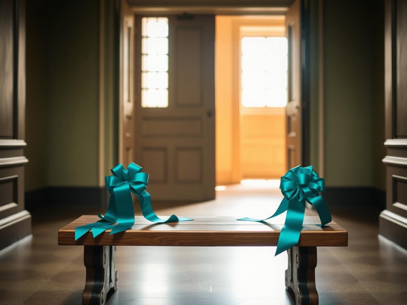 A quiet doorway with light coming through, two ribbons resting on a bench