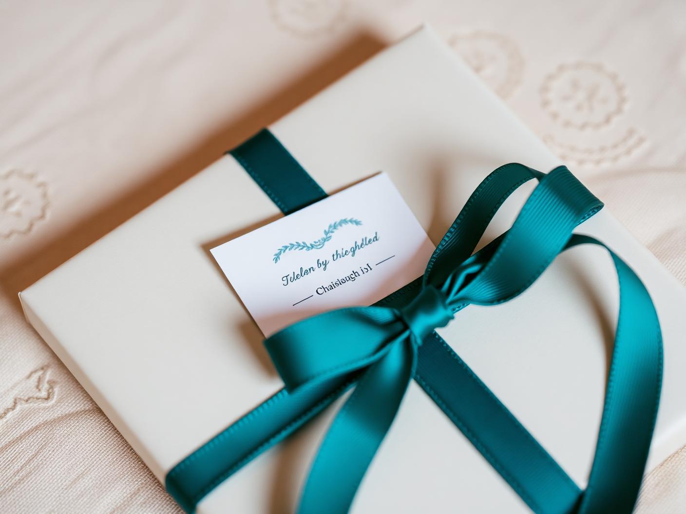 A teal ribbon and a small printed card resting on warm paper