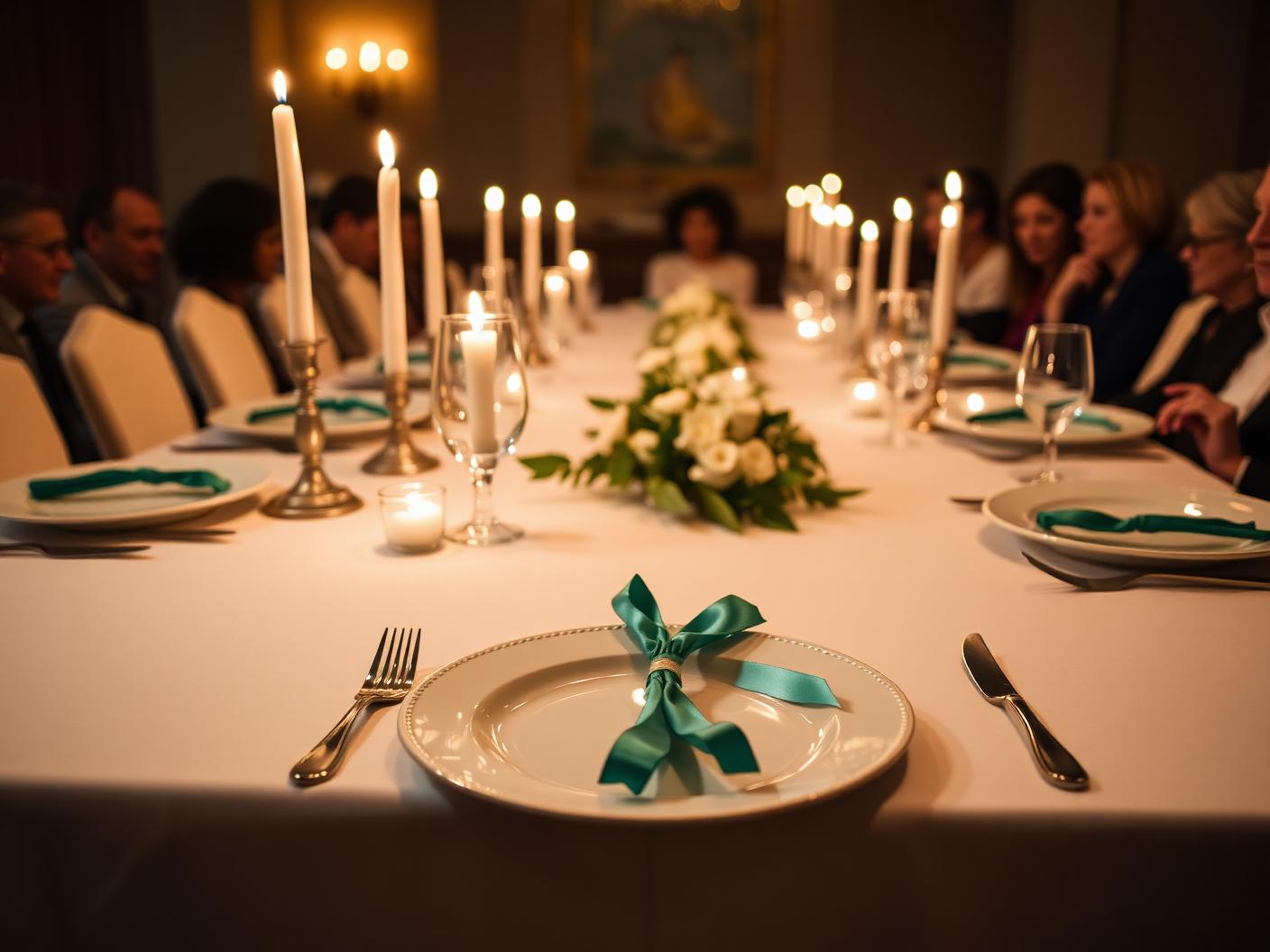 A candlelit Shabbat table set for many with one extra empty place