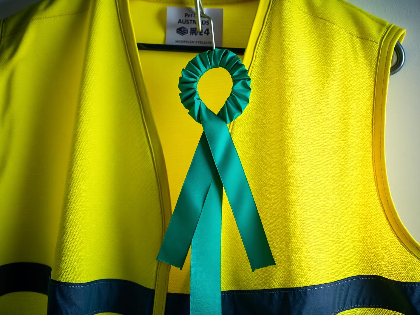 A hi-vis vest hanging on a hook with a teal ribbon pinned to the chest