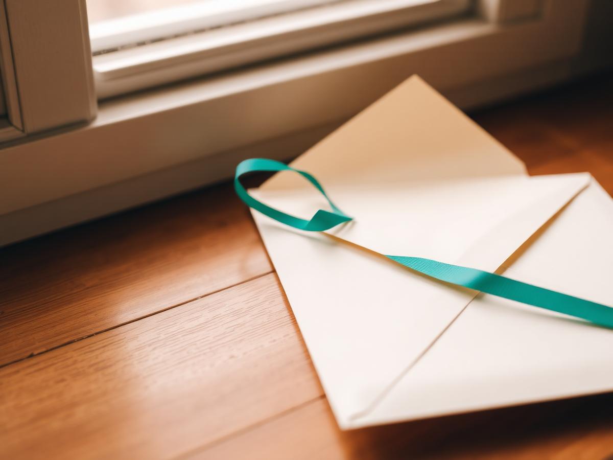 A cream envelope with a teal ribbon on a wooden windowsill